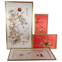 A group of Oriental silk needlework pictures, 1 depicting birds of paradise, another depicting