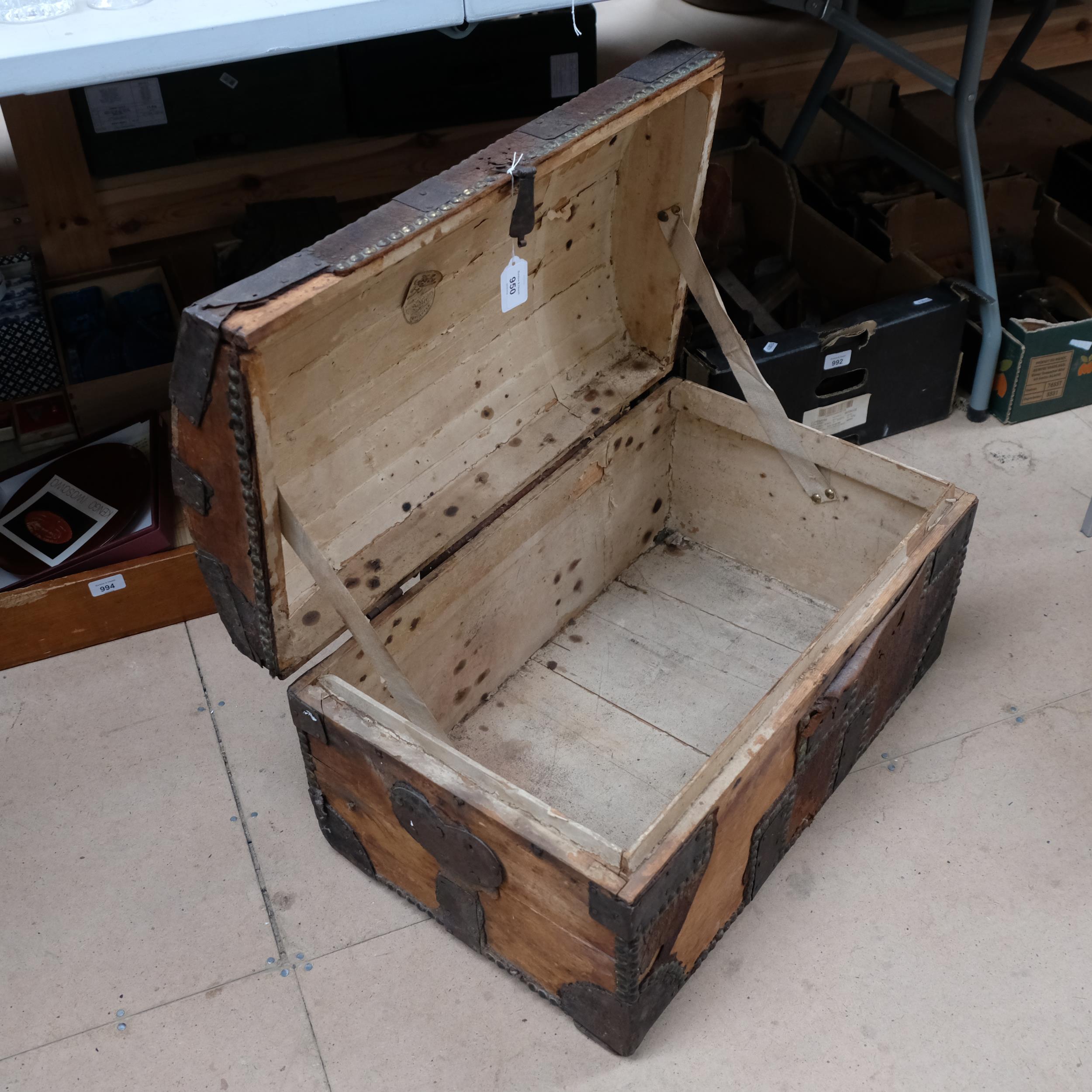 A Vintage wooden and studded leather domed trunk, label to the inside reads Francis Thomas Sadler, - Image 2 of 2