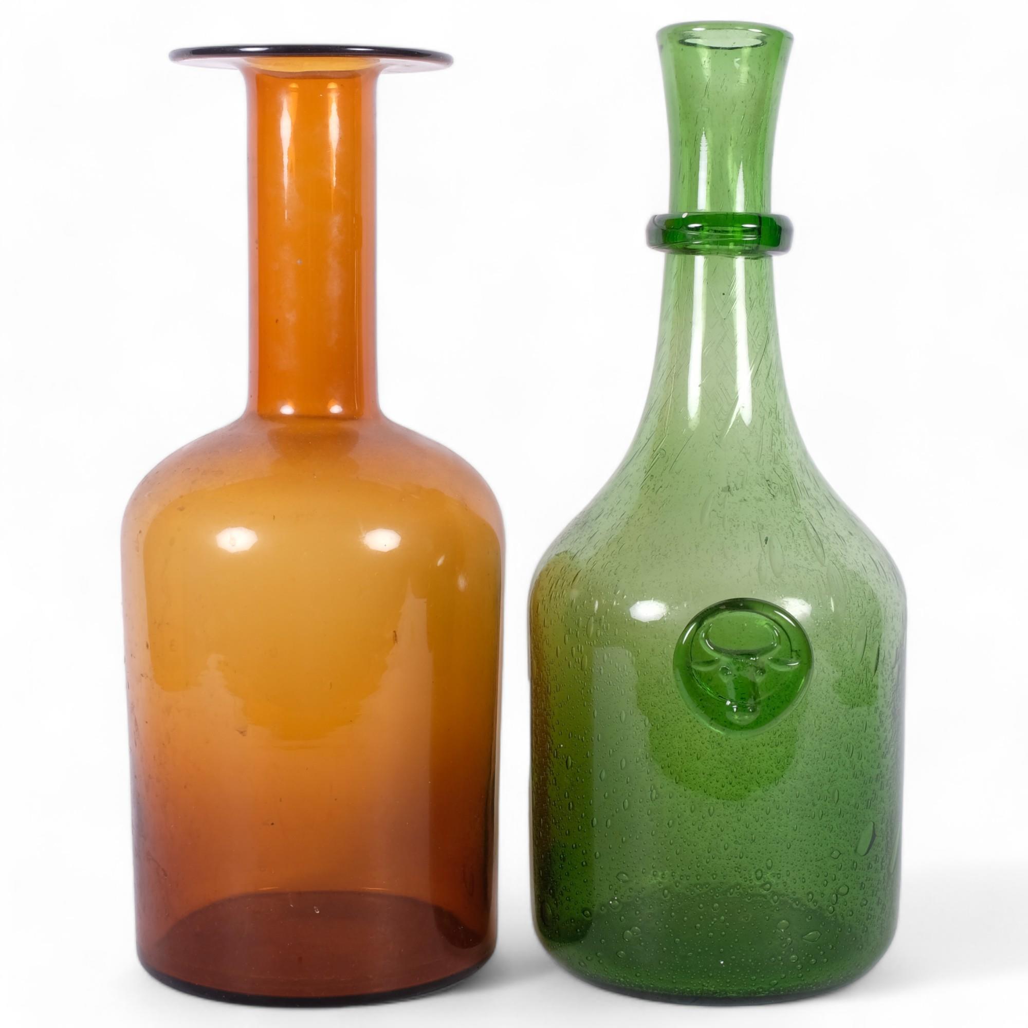 Amber glass bottle vase, 36cm, and hand blown bubble glass green vase, with bull's head motif