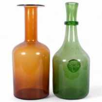 Amber glass bottle vase, 36cm, and hand blown bubble glass green vase, with bull's head motif