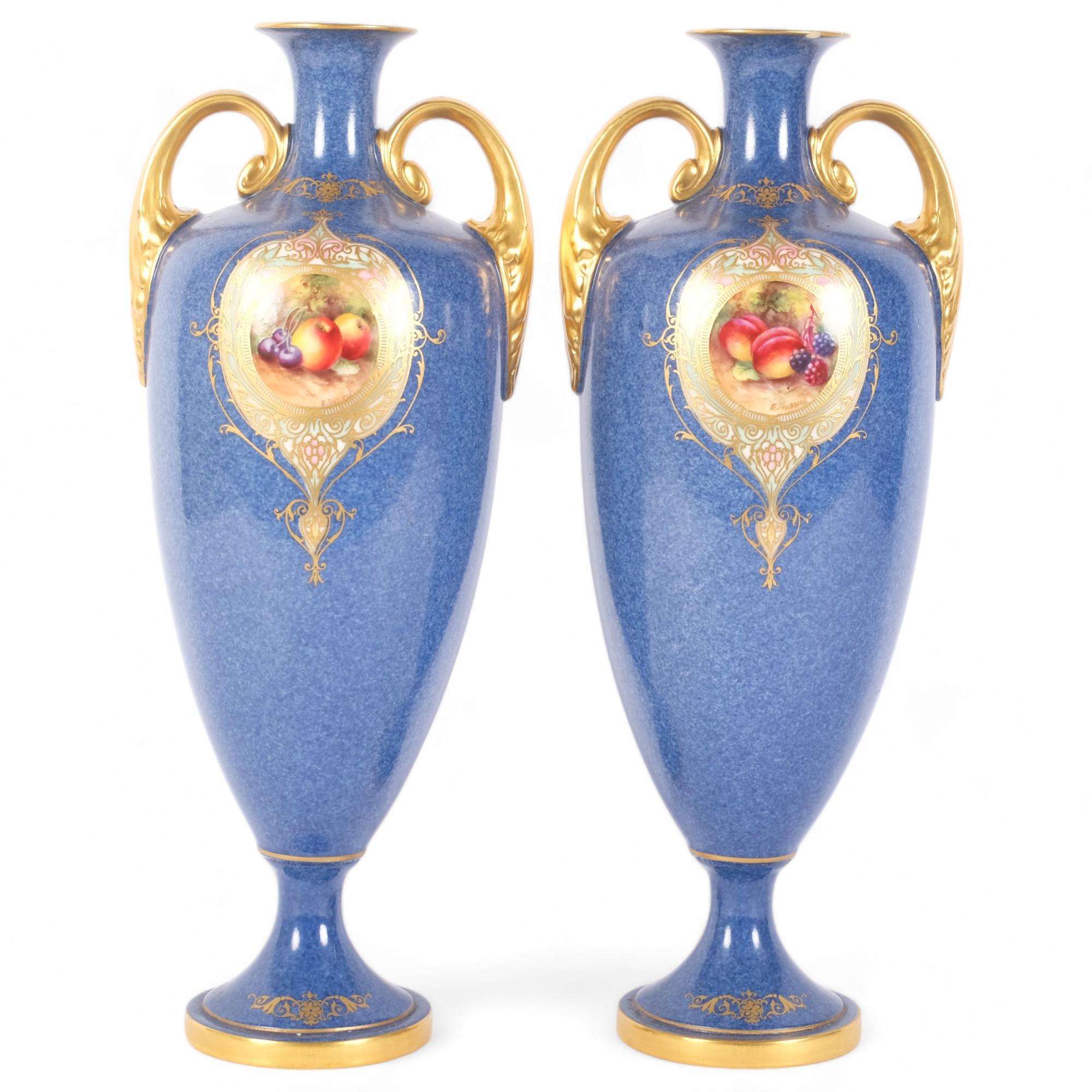 A pair of Victorian Royal Worcester 2-handled baluster vases, powder blue ground with hand painted