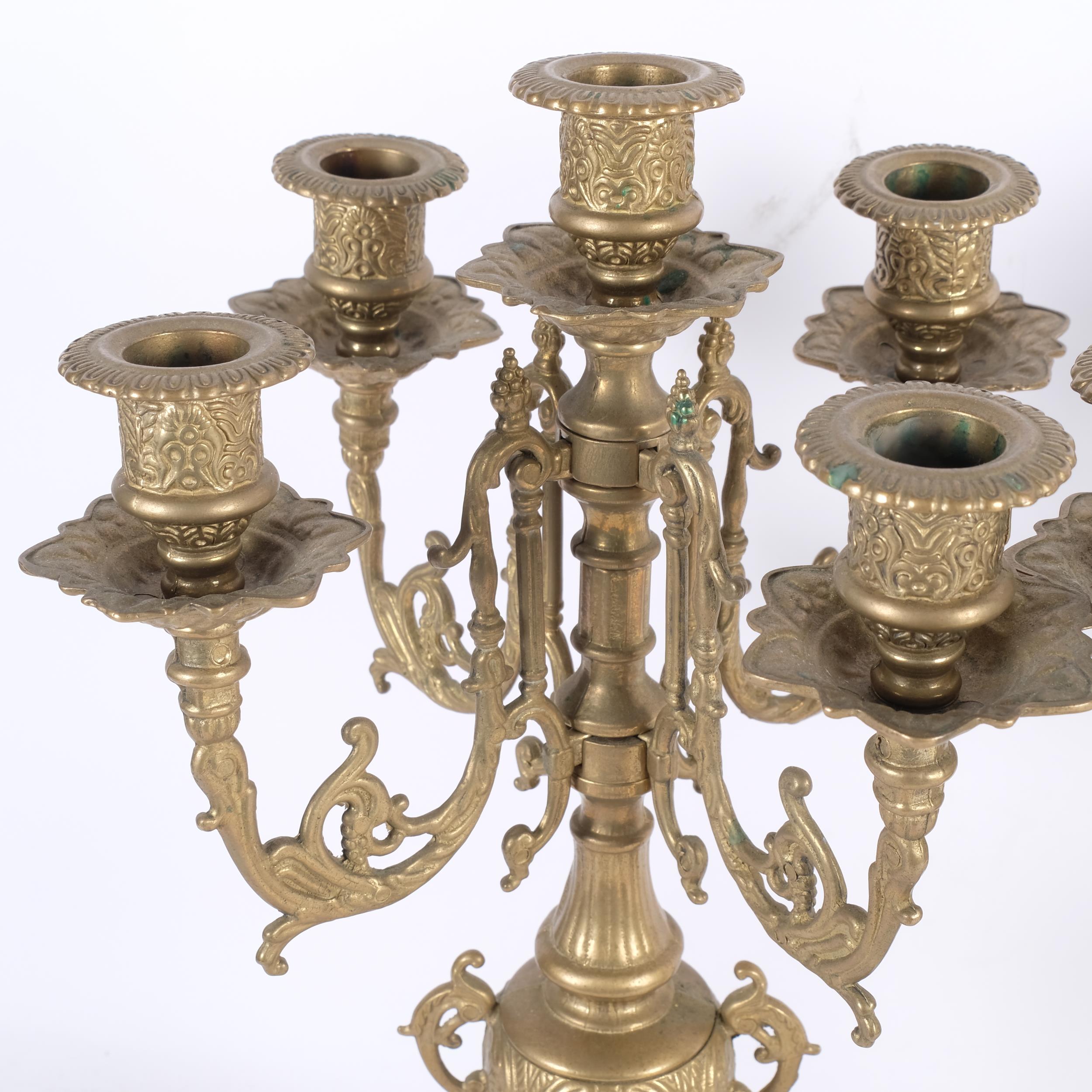 A pair of ornate cast-brass 5-light candelabra, H41cm - Image 2 of 2