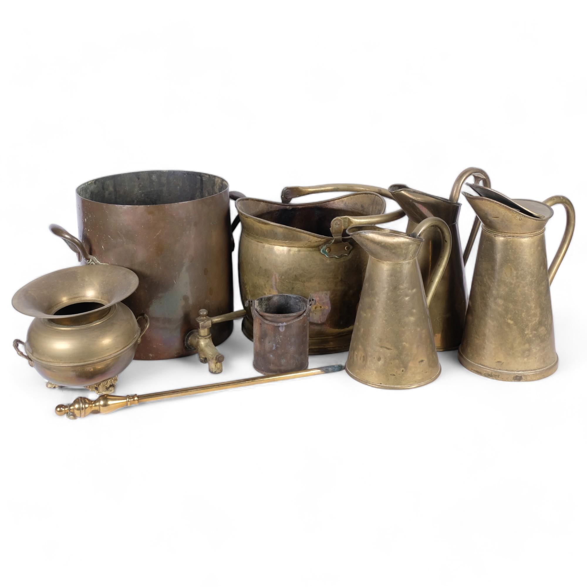 Vintage brass jugs, a spittoon, a brass tea urn, coal bucket, etc