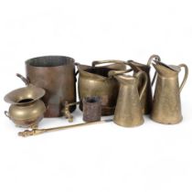 Vintage brass jugs, a spittoon, a brass tea urn, coal bucket, etc