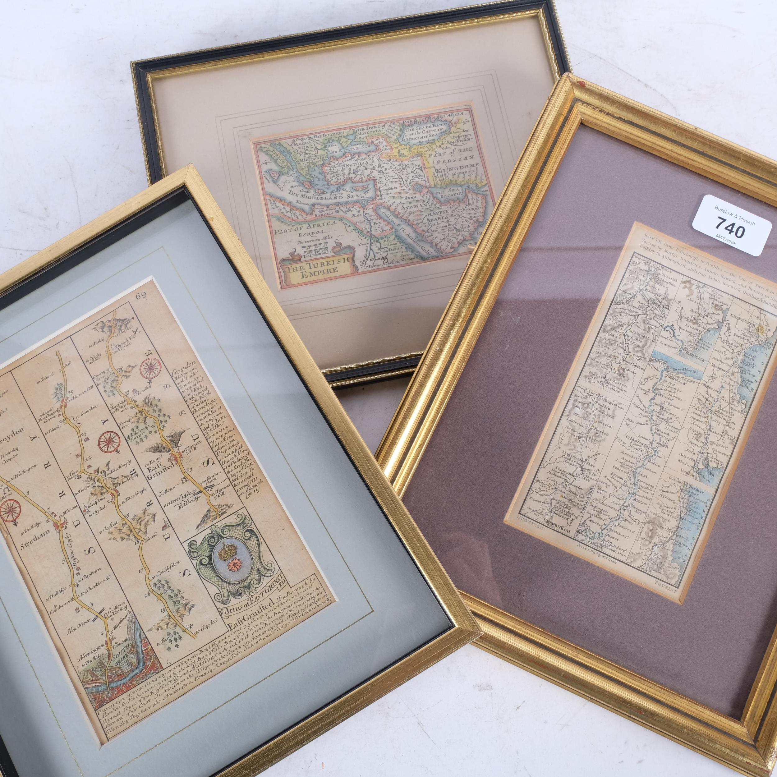 3 Antique hand coloured maps, including East Grinstead, the Turkish Empire, and the Route from - Image 2 of 2