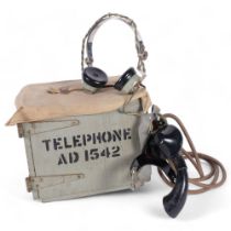 A military field telephone, AD1542, in wooden box
