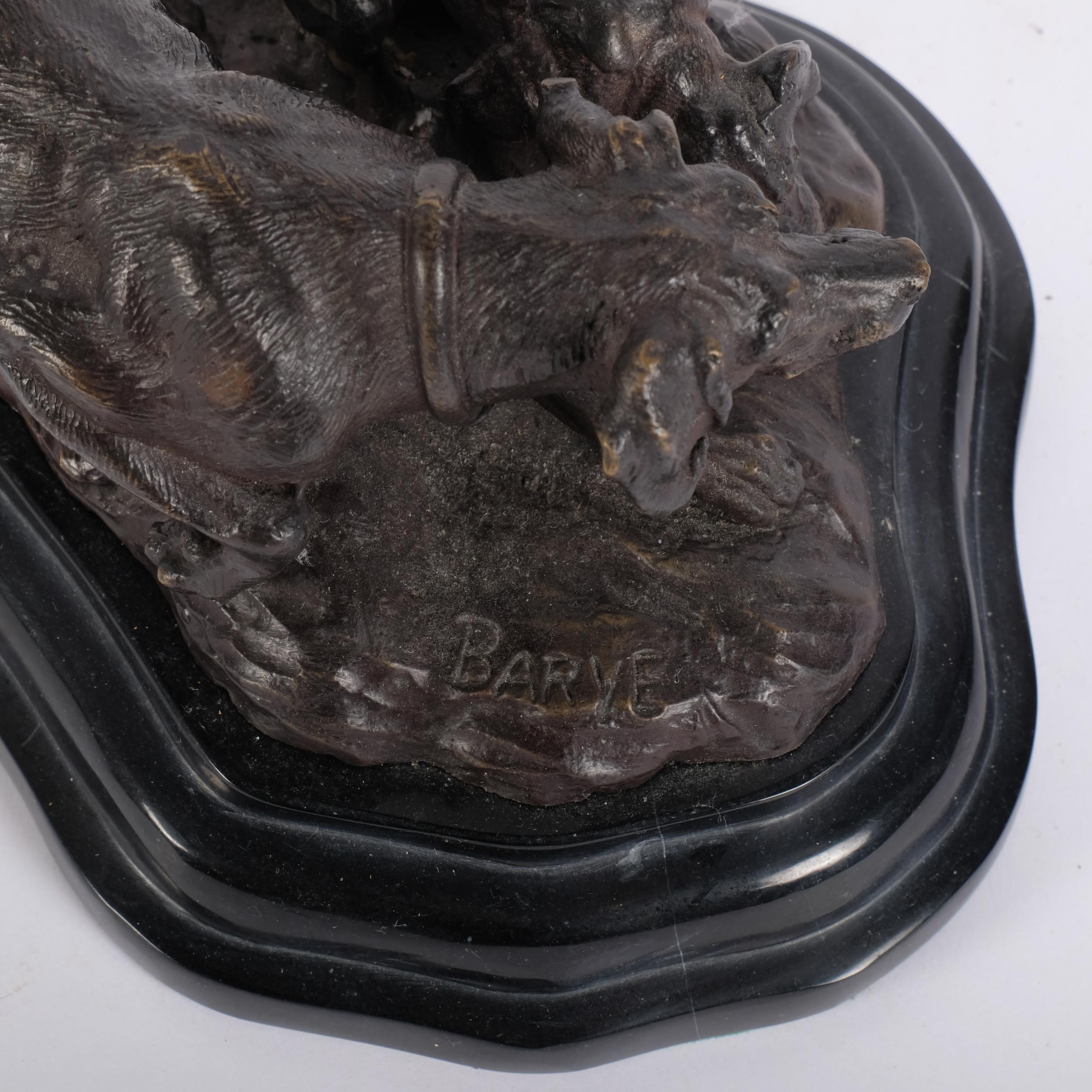 After Barye, cast-bronze study of hunting dogs on shaped black marble base, W22cm - Image 2 of 2