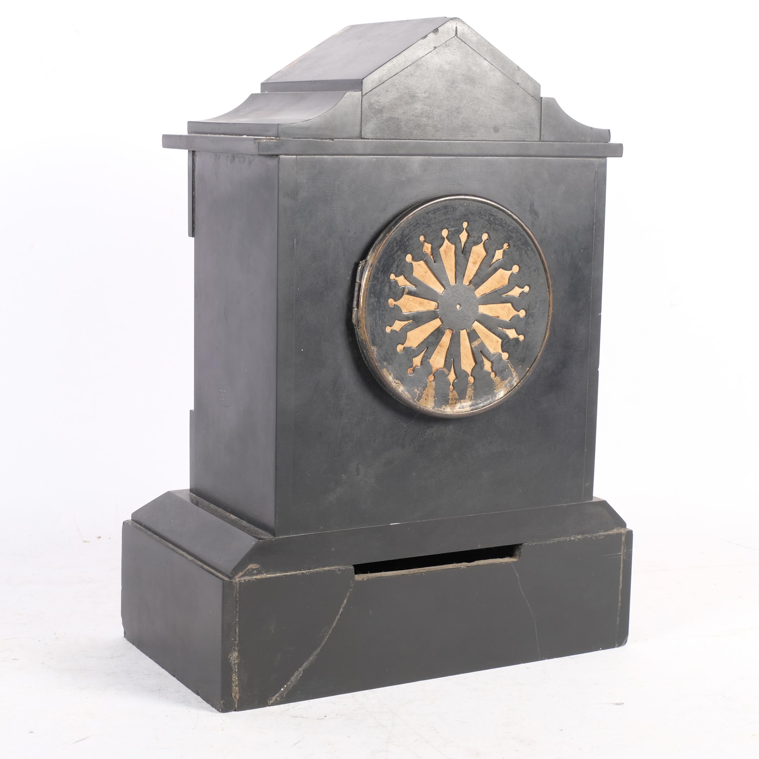 A slate and coloured marble-cased 2-train mantel clock, H35cm - Image 2 of 2