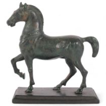 A verdigris patinated bronze study of a Greek horse on stand, H15cm