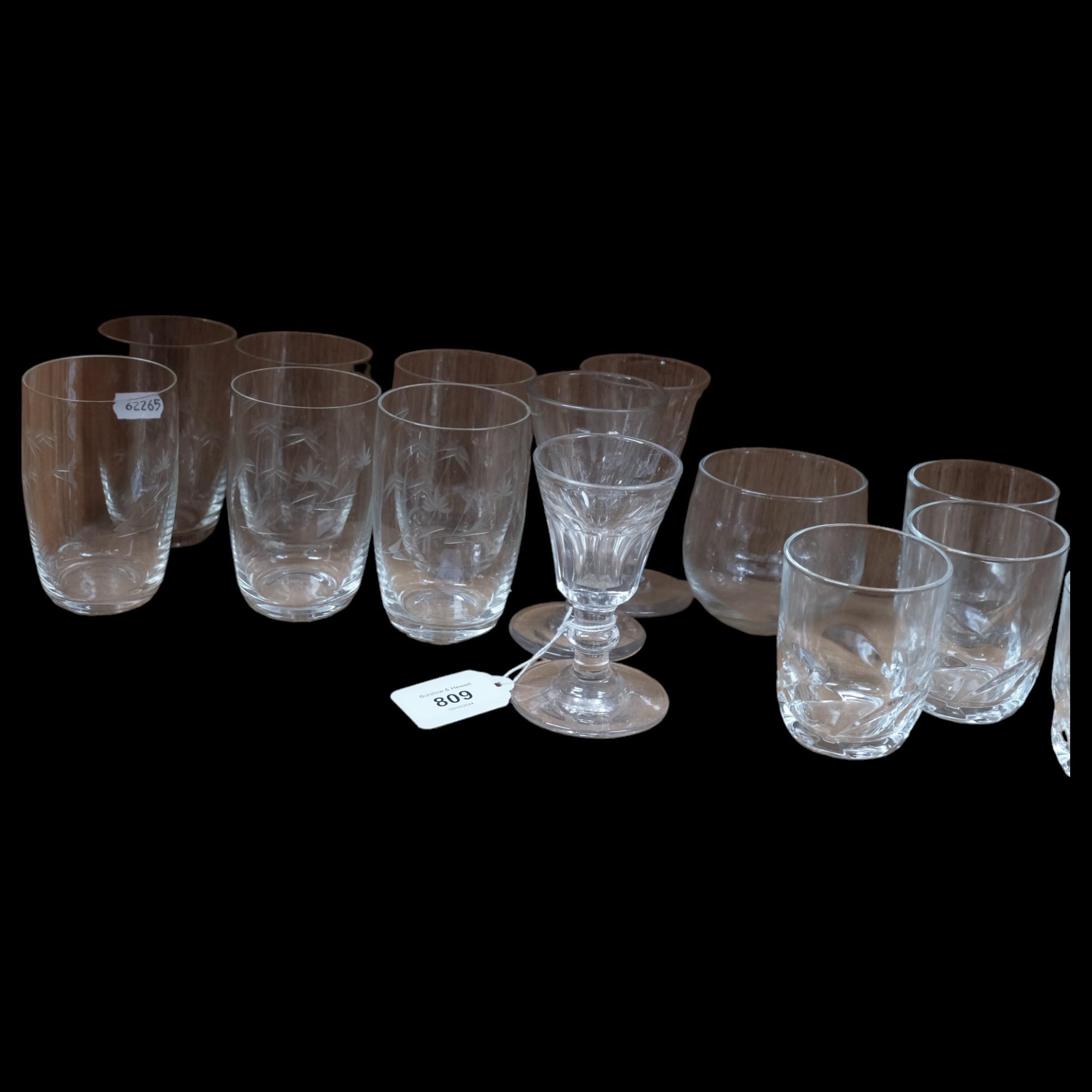 A set of 6 engraved glass beakers, 10cm, panel cut goblets, and other drinking glasses