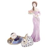 2 Royal Crown Derby blue white and gold paperweights - rabbit and duck, and a Coalport figure, H23cm