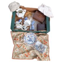 A quantity of various interesting items, various Antique English ceramics, linen, boxes, and various