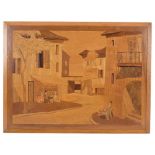 A marquetry work study of figures seated outside Continental village street, 47cm x 63cm