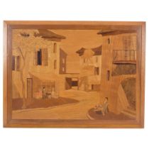 A marquetry work study of figures seated outside Continental village street, 47cm x 63cm