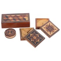2 Tunbridge Ware puzzle boxes, a Tunbridge Ware circular pin cushion, and a cubed marquetry