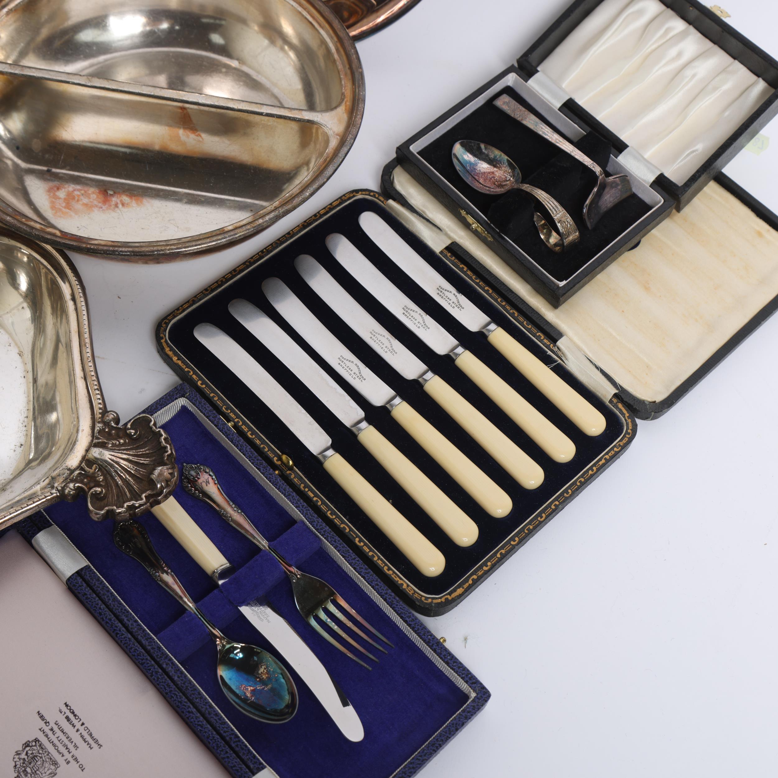 A cased set of 6 dessert knives, a cased trio by Mappin & Webb, and a cased child's pusher and - Image 2 of 2