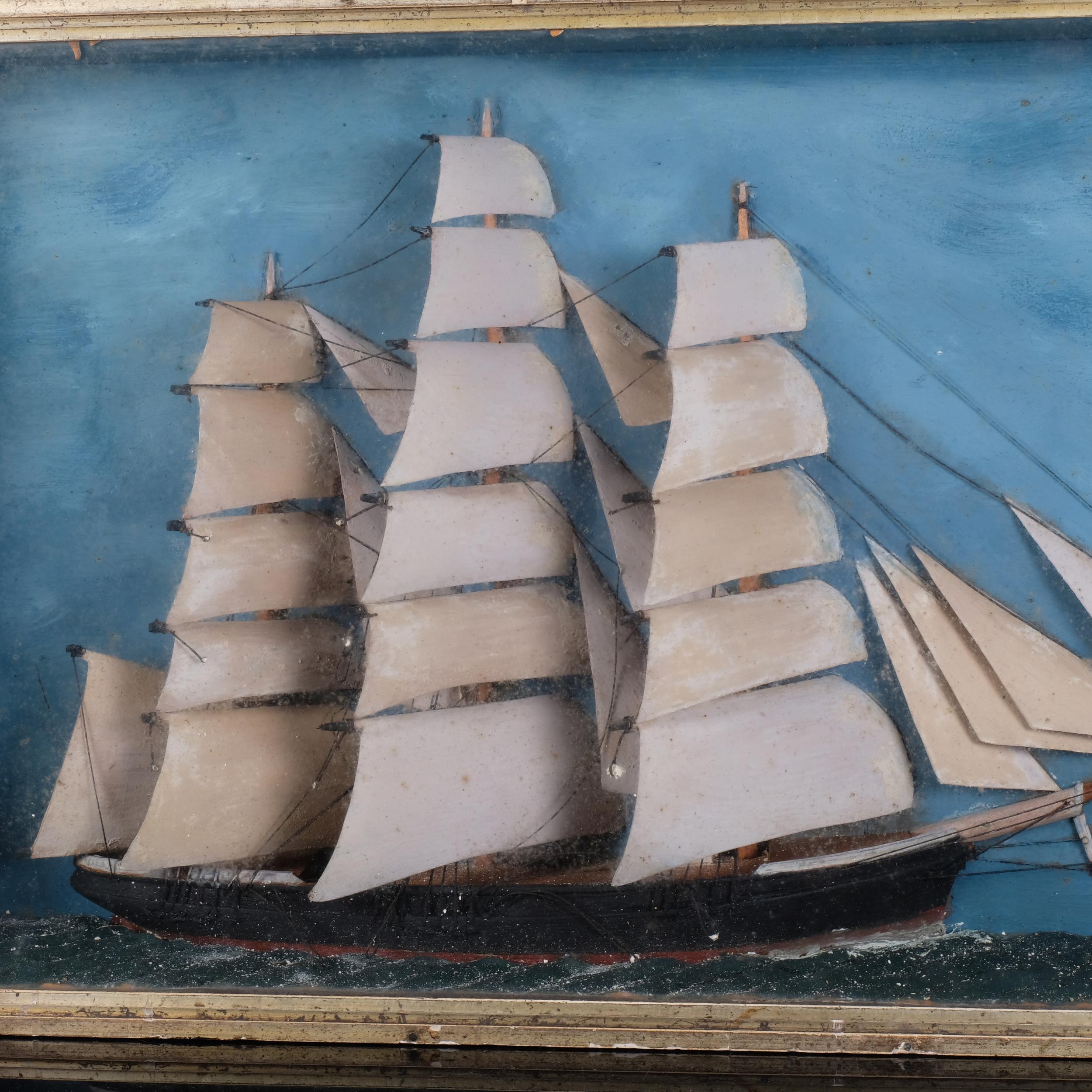 A 19th century wooden ship diorama, depicting a 3-masted sailing ship, 71cm x 41.5cm x 13cm - Image 2 of 2