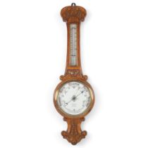 Vintage carved oak cased barometer, by G H Marlow, Optician, Harrogate, H83cm