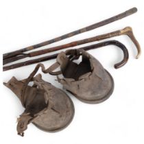 A group of equine associated items, including a horse measuring walking cane, carriage whip, horn-