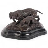 After Barye, cast-bronze study of hunting dogs on shaped black marble base, W22cm