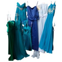 7 various lady's designer evening gowns by Milano, designer garments etc