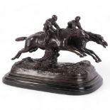 After E Loiseau, a reproduction bronze model of a pair of racehorses on marble stand, W42cm