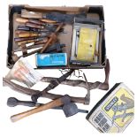 A collection of various woodworking chisels, an axe, etc (boxful)