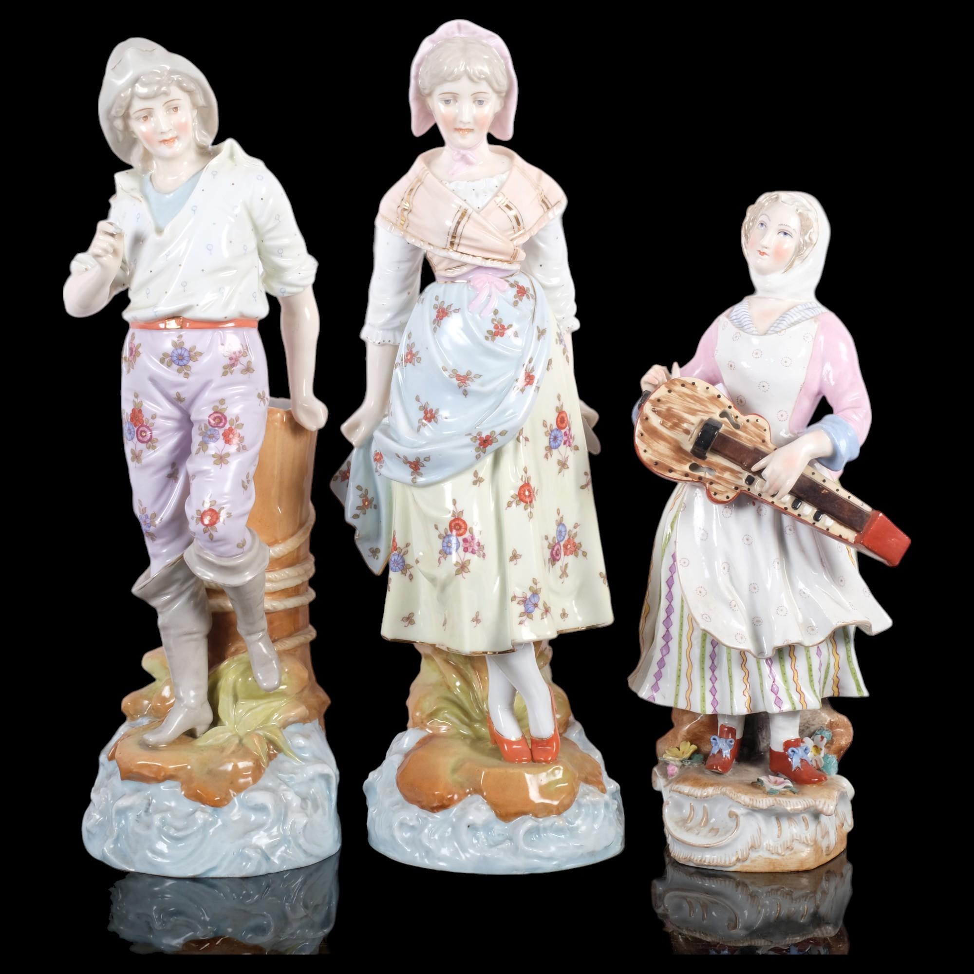 A pair of German porcelain figures, H35.5cm, and another with a lute, some damage