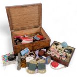 A Victorian walnut sewing box, with marquetry inlay, tray-fitted interior and contents, 33cm across