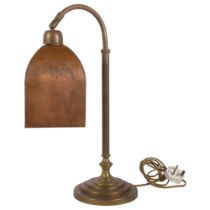 A 20th century brass desk-top lamp, with copper shade, H48cm