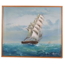 Oil on canvas, study of a 3-masted sailing ship, 53cm x 62cm overall, framed