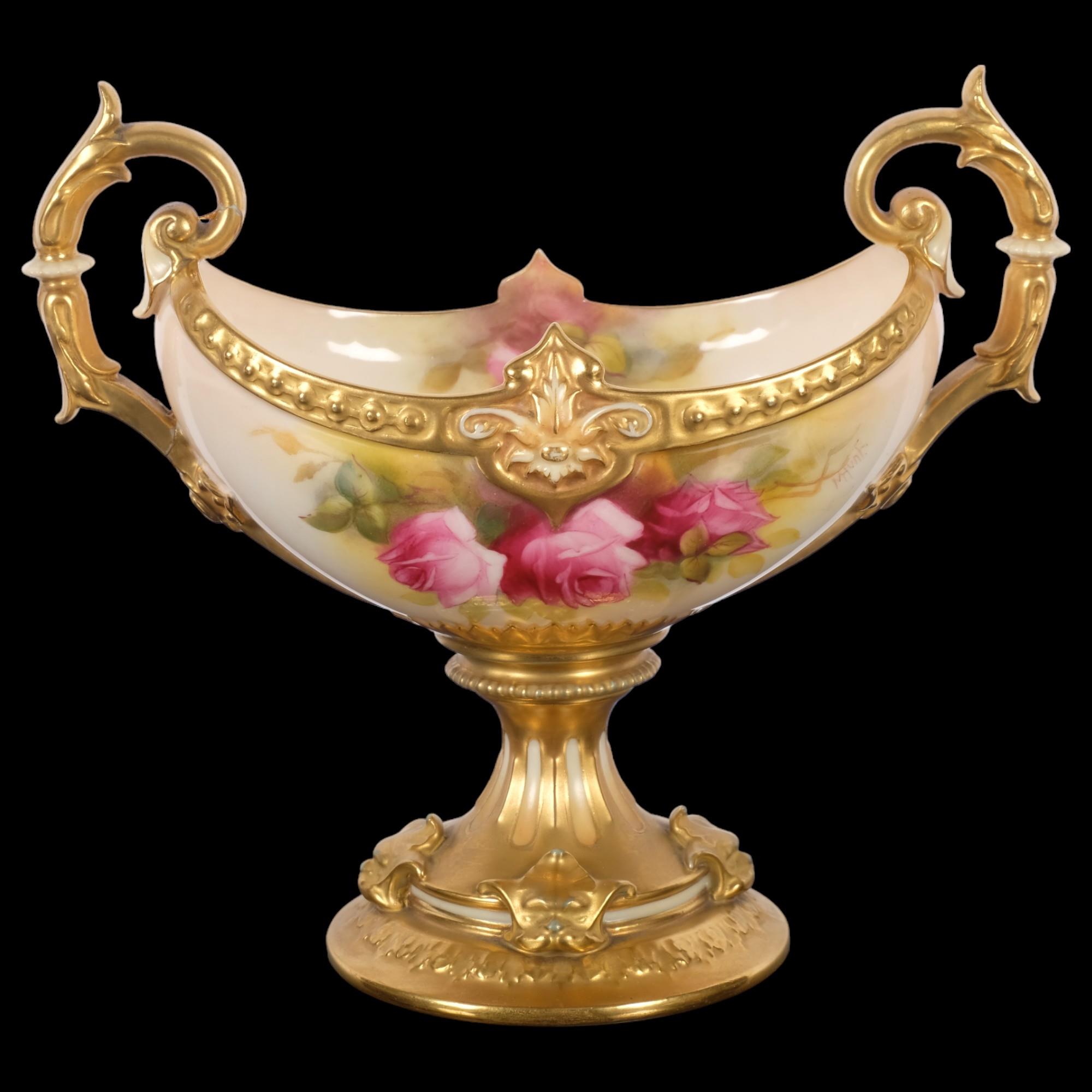 Royal Worcester, a blush ivory and hand painted 2-handled comport on stand, signed M Hunt, H18.5cm 1