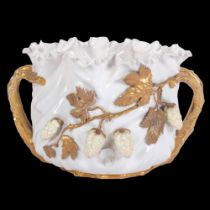 A Victorian porcelain Hop Ware 2-handled pot, with applied painted and gilded hops (A/F), indistinct