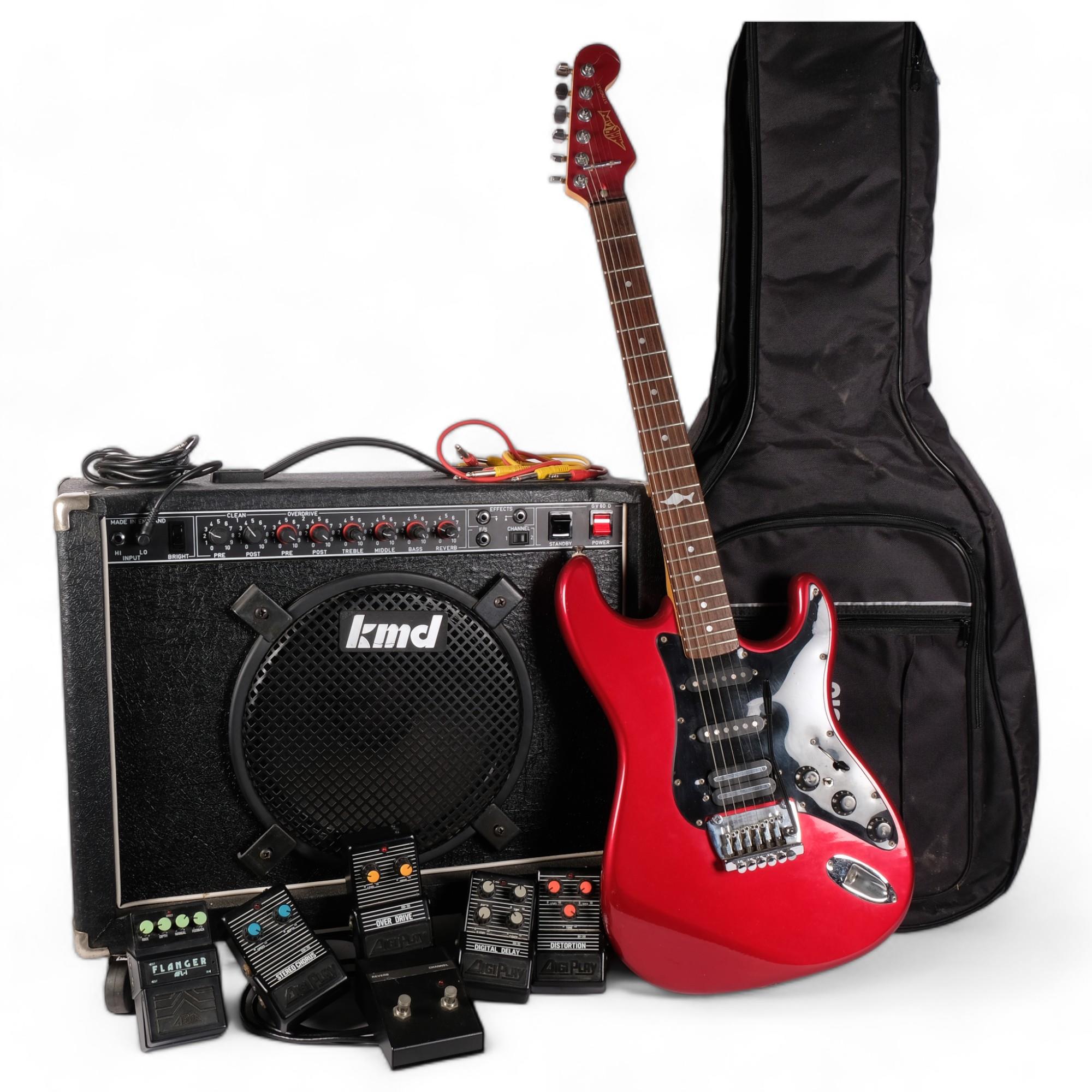 A Marlin Stingray "Superstratocaster" electric guitar, model K36, serial no. E717092, and a KMD