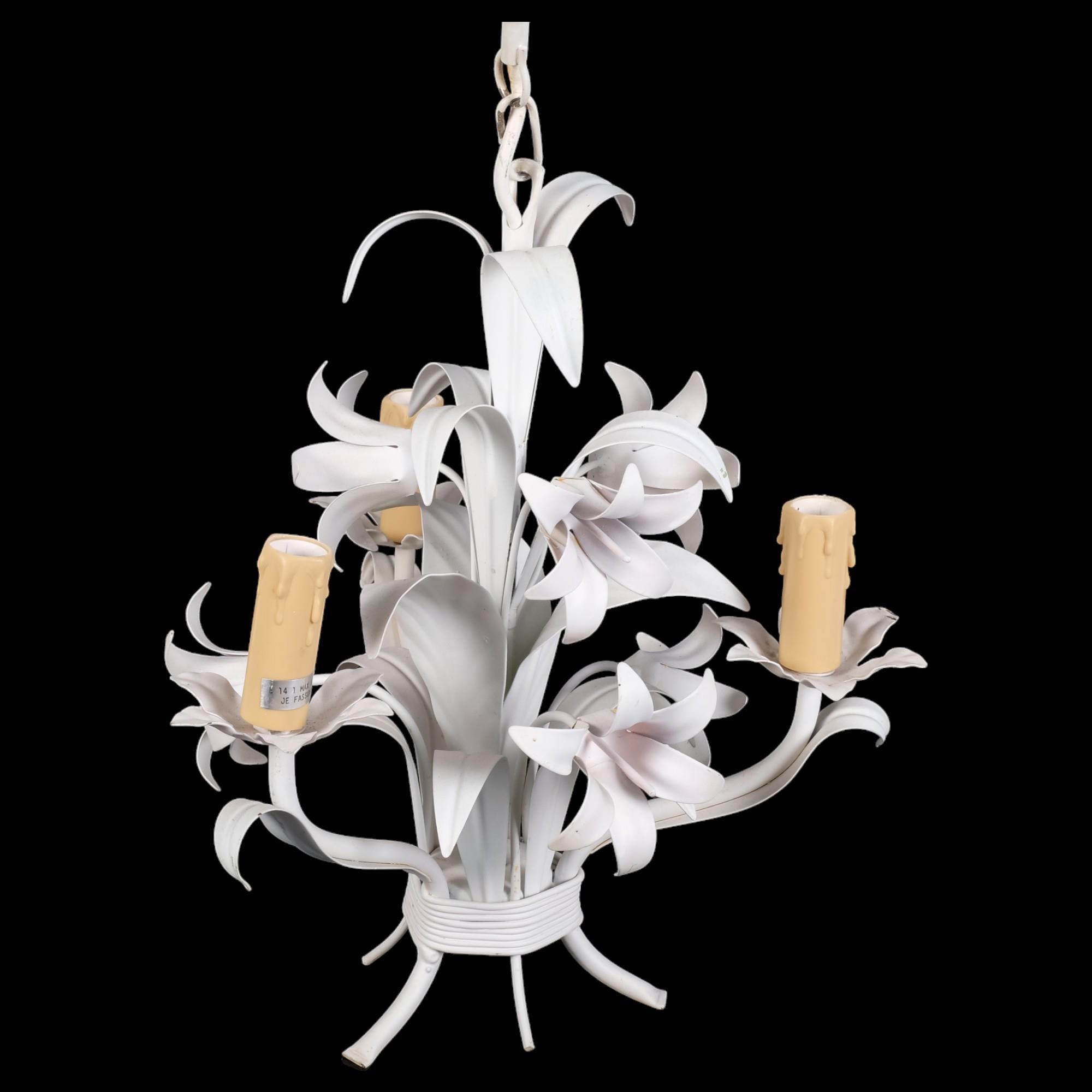 A white metal floral light fitting, with 3-branch candle mounts, drop 55cm