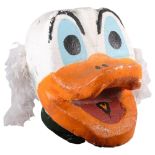 2 similar polystyrene painted Donald Duck style suit masks for carnival outfits, largest 48cm x 55cm