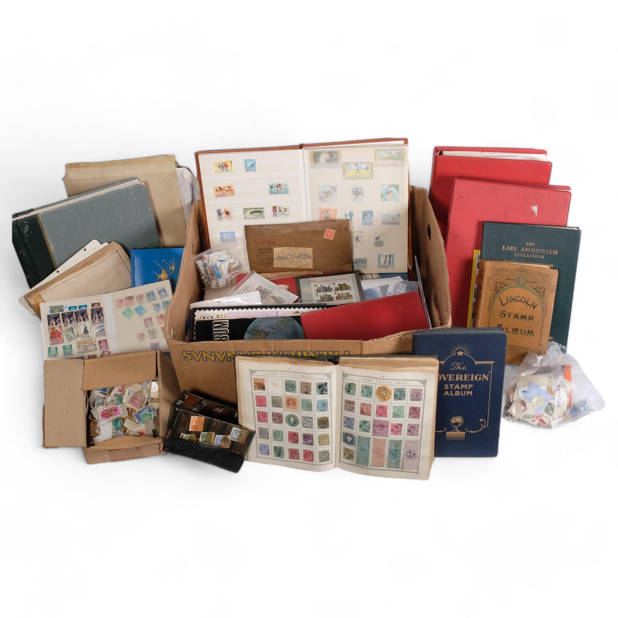 A large quantity of stamps, including First Day Covers, stock books, ephemera, etc (boxful)