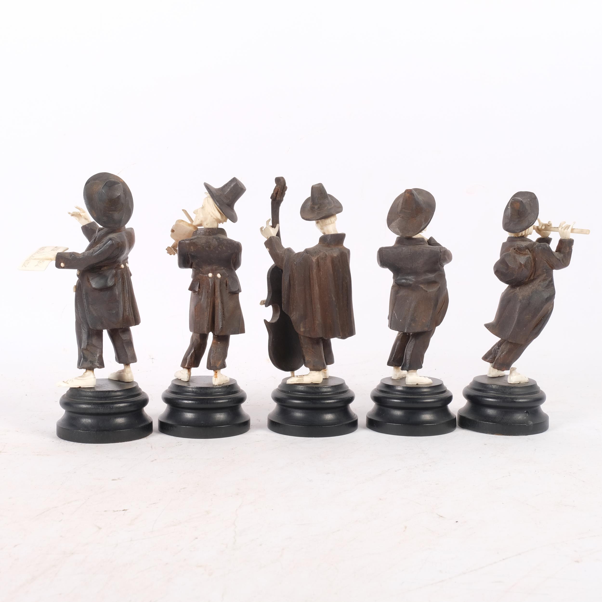 Unusual set of carved wood and bone musicians, on wooden plinths, cellist height 17cm - Image 2 of 2