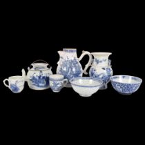 A group of Antique Chinese blue and white items, including a vase, teapot, coffee pot, 2 bowls,