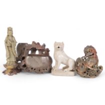 2 carved soapstone figural and bird groups, alabaster study of a dog, and a soapstone figure of