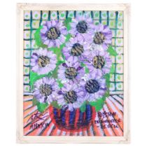 Royston Du Maurier Lebek, acrylics on canvas, violet daisies, in embossed painted wood frame, 54cm x