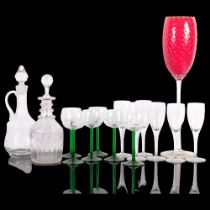 Antique glass decanter, with later stopper, H28cm, a tall red glass goblet, and other drinking