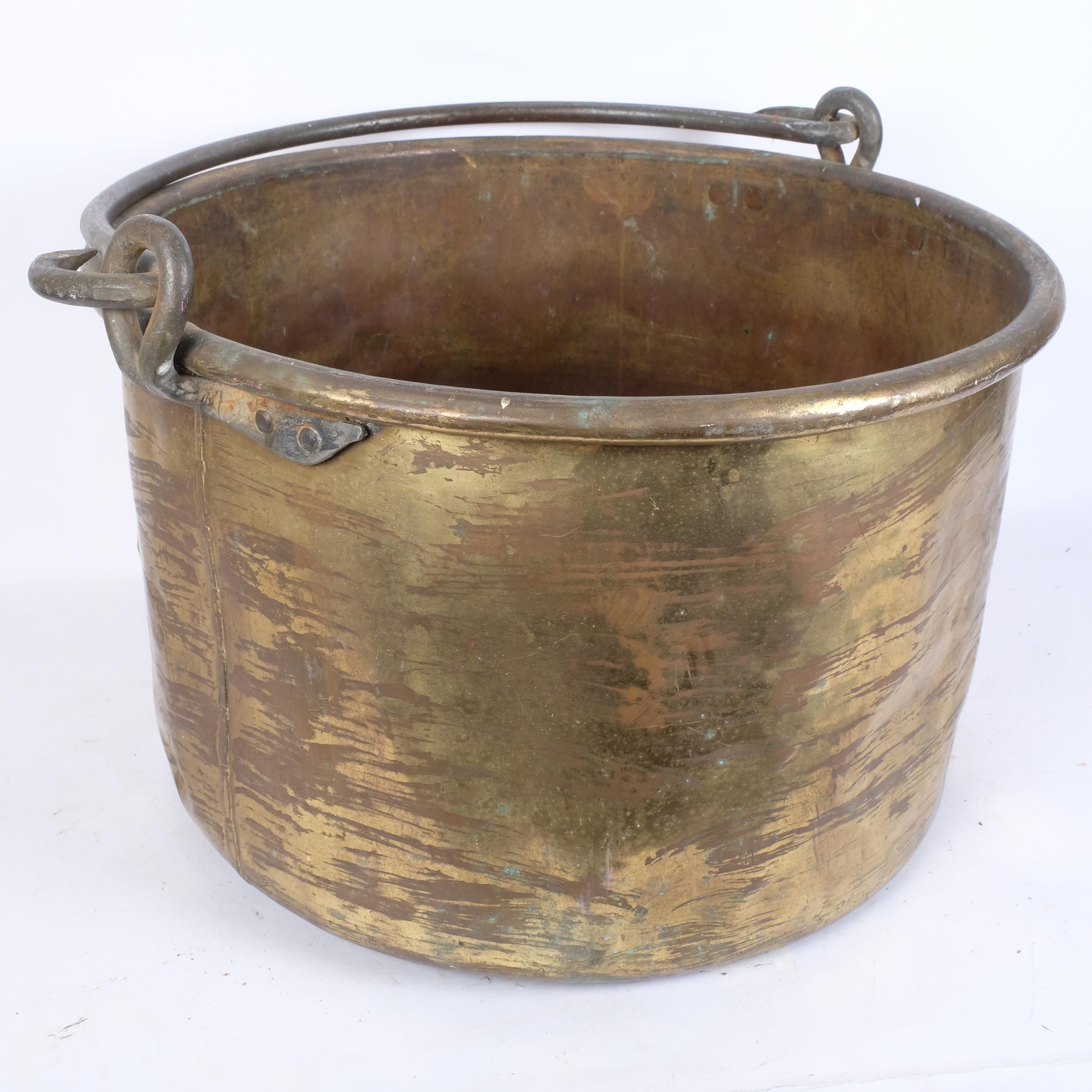 A large Victorian brass swing-handled fireside bin, diameter 52cm, height 30cm - Image 2 of 2