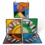 A group of 5 iron-framed and leadlight coloured glass panels, 4 of the panels appear related, and