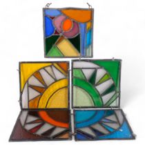 A group of 5 iron-framed and leadlight coloured glass panels, 4 of the panels appear related, and