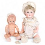 Vintage porcelain-headed doll with composition limbs, head marked JDK257, 50cm, and a smaller