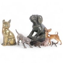 A carved Oriental jadeite dog, H17.5cm, a heavy brass cat, a silvered metal hound, 2 ceramic dogs,