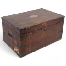 Victorian oak box with brass plaque "Mr William Danson 1855", and inset handles, 46cm across