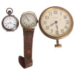 A Vintage 8-day motoring clock, a gun metal cased fob watch, and an early 20th century wristwatch (