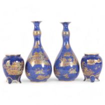 A pair of Carlton Ware blue ground vases in "Kang Hsi" pattern, with enamelled and gilded